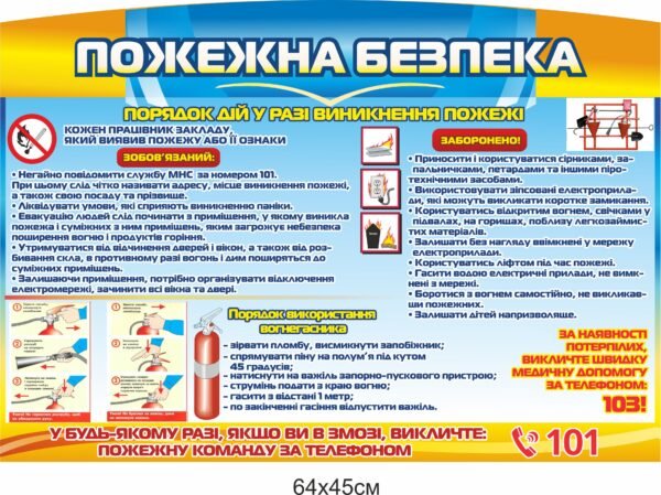 Стенд “Пожежна безпека” з порядком дій при пожежі та використання вогнегасника