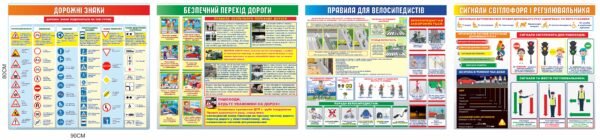 Комплект стендів “Дорожні знаки, безпечний перехід дороги, правила для велосипедистів та сигнали світлофора та регульувальника”