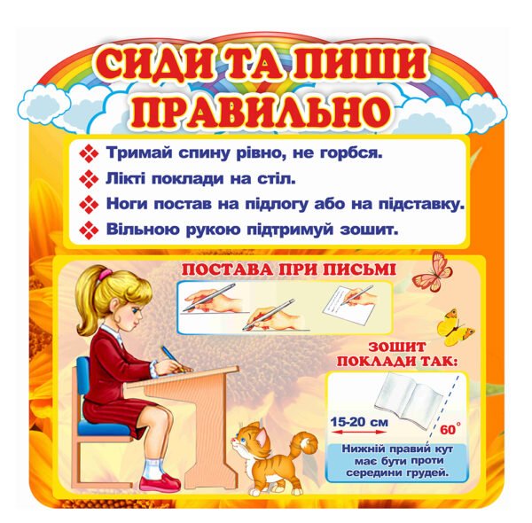 Стенд “Сиди та пиши правильно” з дівчинкою