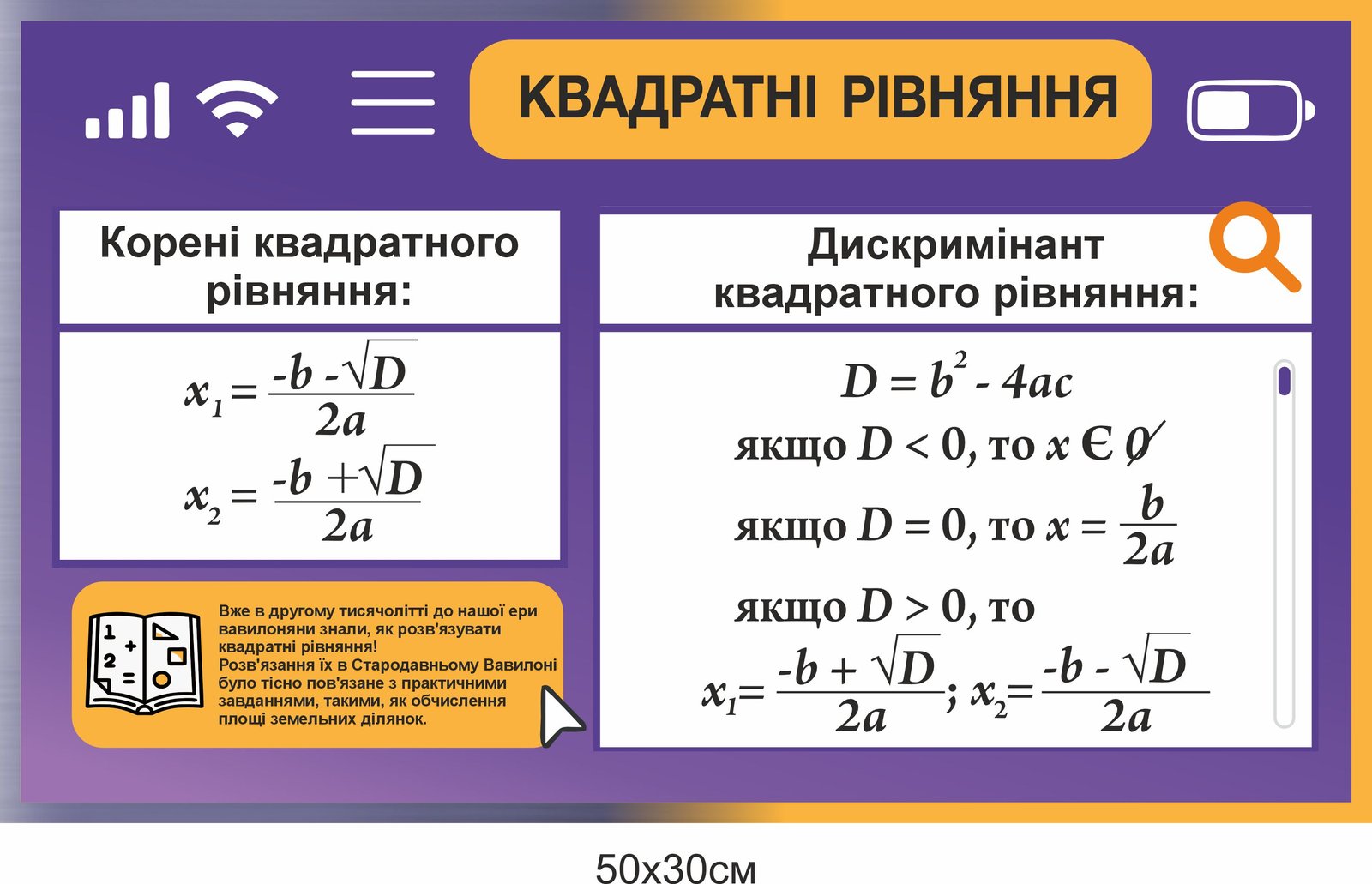 Стенд в кабінет математики "Квадратні рівняння"